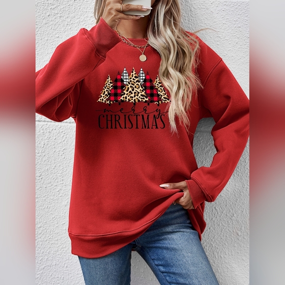 Women's Red MERRY CHRISTMAS Round Neck Long Sleeve Casual Sweatshirt - Picture 2 of 3